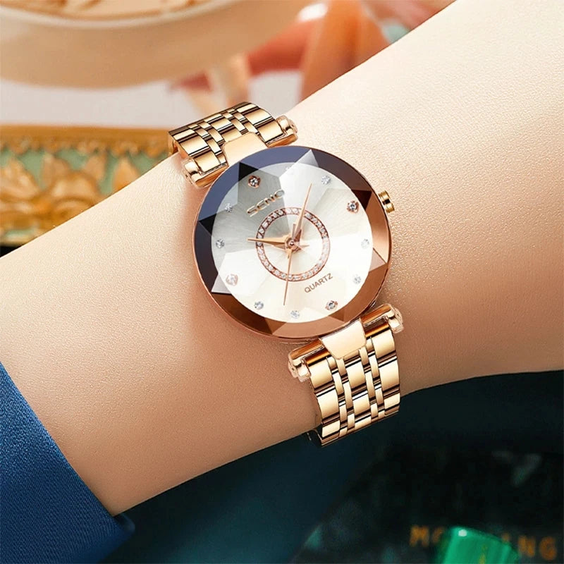 SENO Ocean Star Women Crystal Watch 2024 Top Brand Luxury Rose Gold Women Bracelet Watch for Ladies Wrist Watch Relogio Feminino