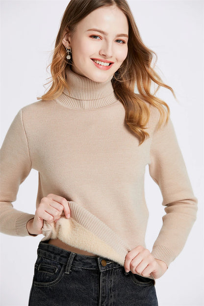 Thicken Velvet Turtleneck Sweater Women Korean Fashion Lined Warm Sueter Knitted Pullover Slim Top Winter Jersey Knitwear Jumper