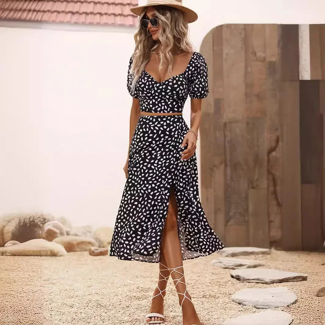 Womans Clothes Summer Printed Two Piece Sets Womens Outifits Party Fashion V-neck Short Sleeve Tops and Long Slit Skirt Sets