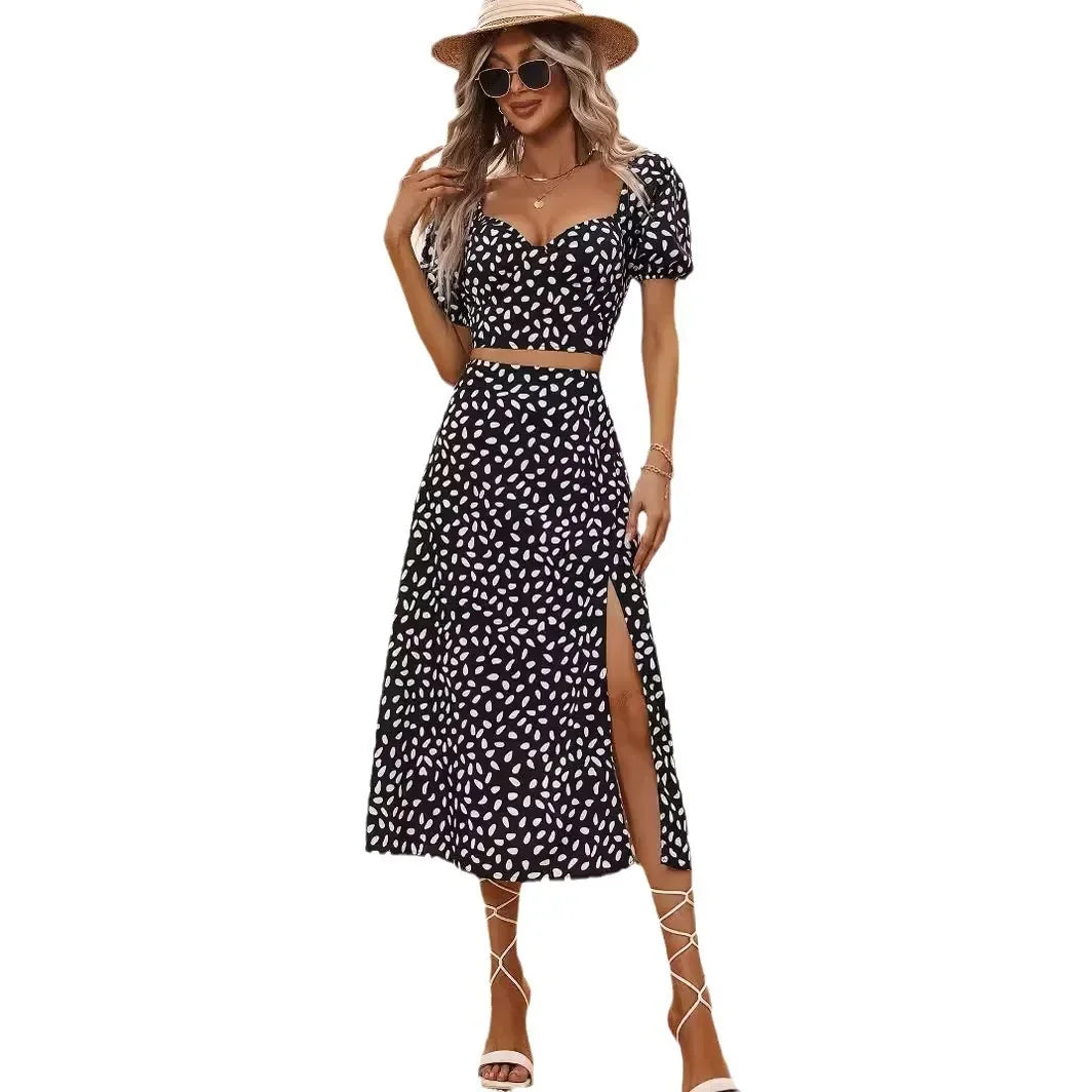 Womans Clothes Summer Printed Two Piece Sets Womens Outifits Party Fashion V-neck Short Sleeve Tops and Long Slit Skirt Sets