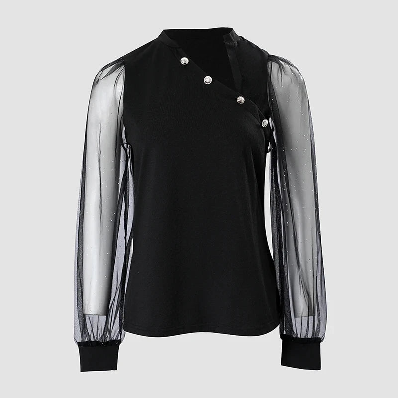 Women Asymmetric Collar Glitter Sheer Mesh Long Sleeve Blouse Tops