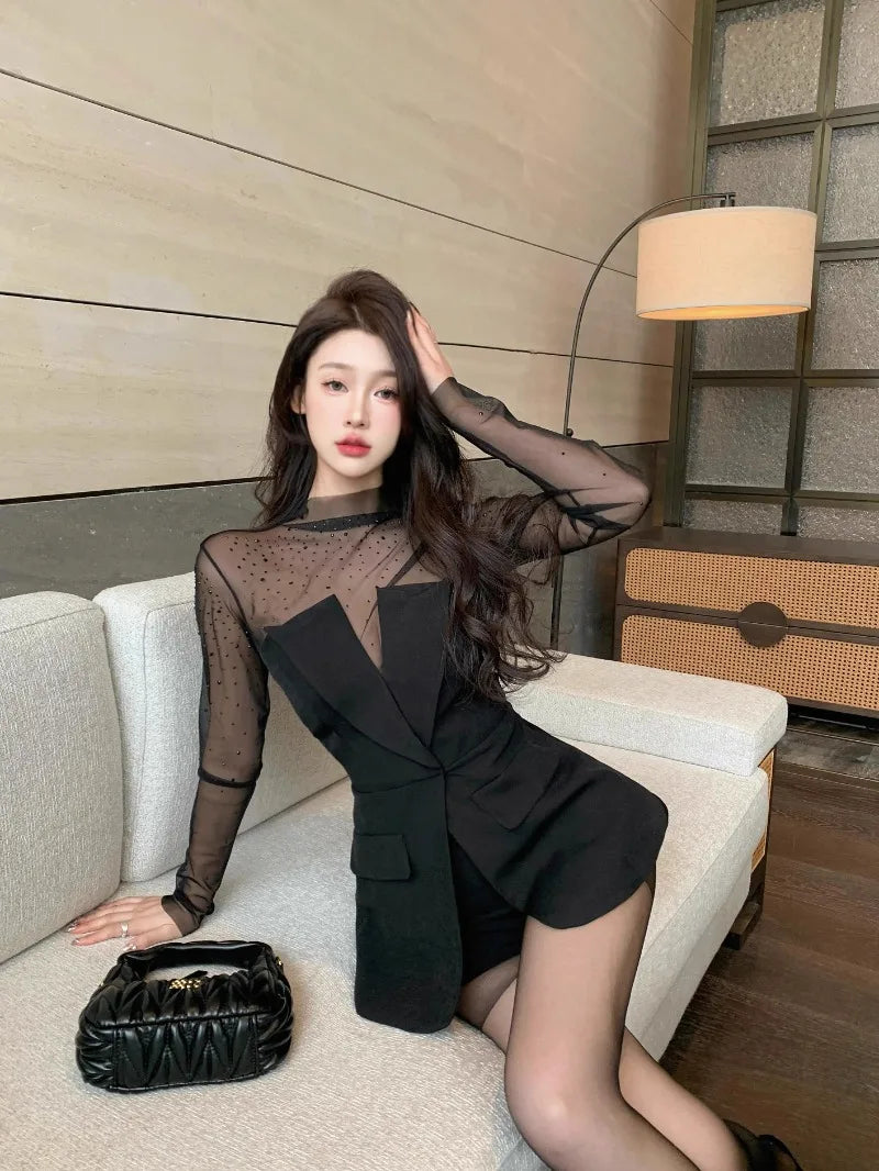 Strapless Suit Y2k Black Mesh Hot Diamond Long Sleeved T-shirts 2 Piece Sets Womens Outfits Tanks Tops Slim Camis Streetwear