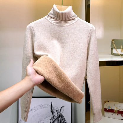 Thicken Velvet Turtleneck Sweater Women Korean Fashion Lined Warm Sueter Knitted Pullover Slim Top Winter Jersey Knitwear Jumper