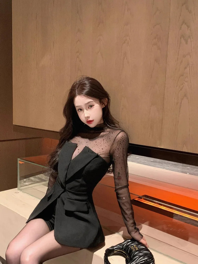 Strapless Suit Y2k Black Mesh Hot Diamond Long Sleeved T-shirts 2 Piece Sets Womens Outfits Tanks Tops Slim Camis Streetwear