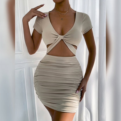 New Short-sleeved Summer European And American V-neck Waist-pack Hip Dress